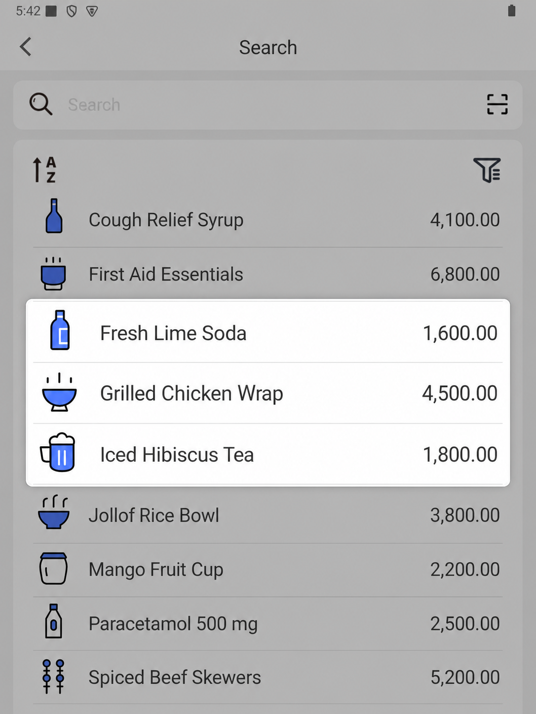 EazSell Android local product catalogue highlighting three products and their prices while the test device is offline.
