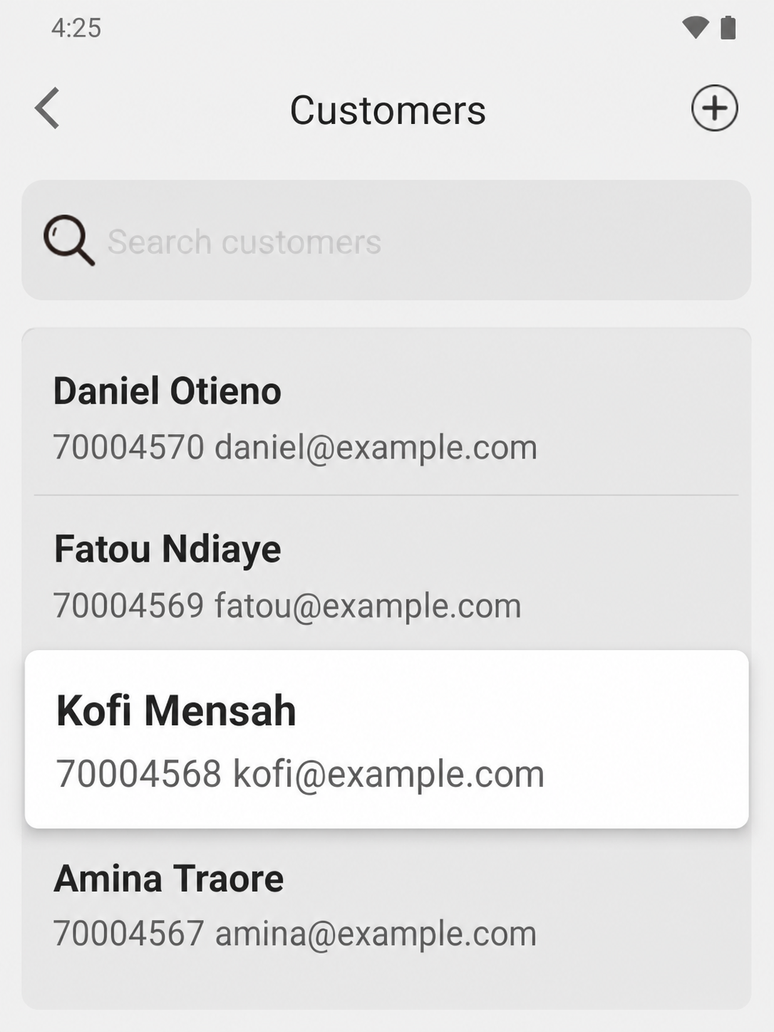 EazSell Android customer list showing several fictional customers with one selected